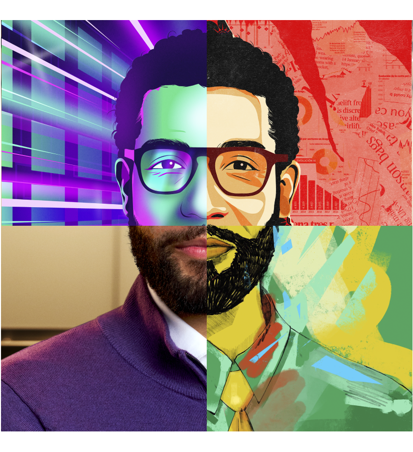 Portrait d’un homme divisé en quatre
              versions illustrées de lui-même