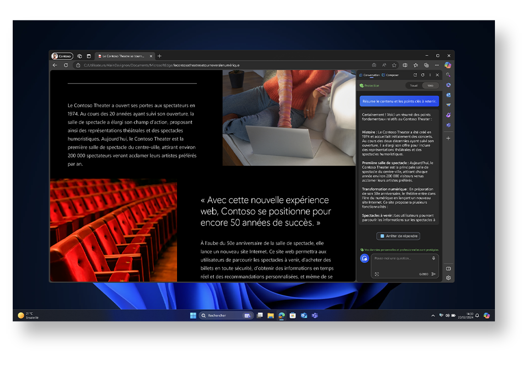 Écran d’accueil Windows avec un document PDF ouvert et l’onglet Copilot à droite en train de résumer le document