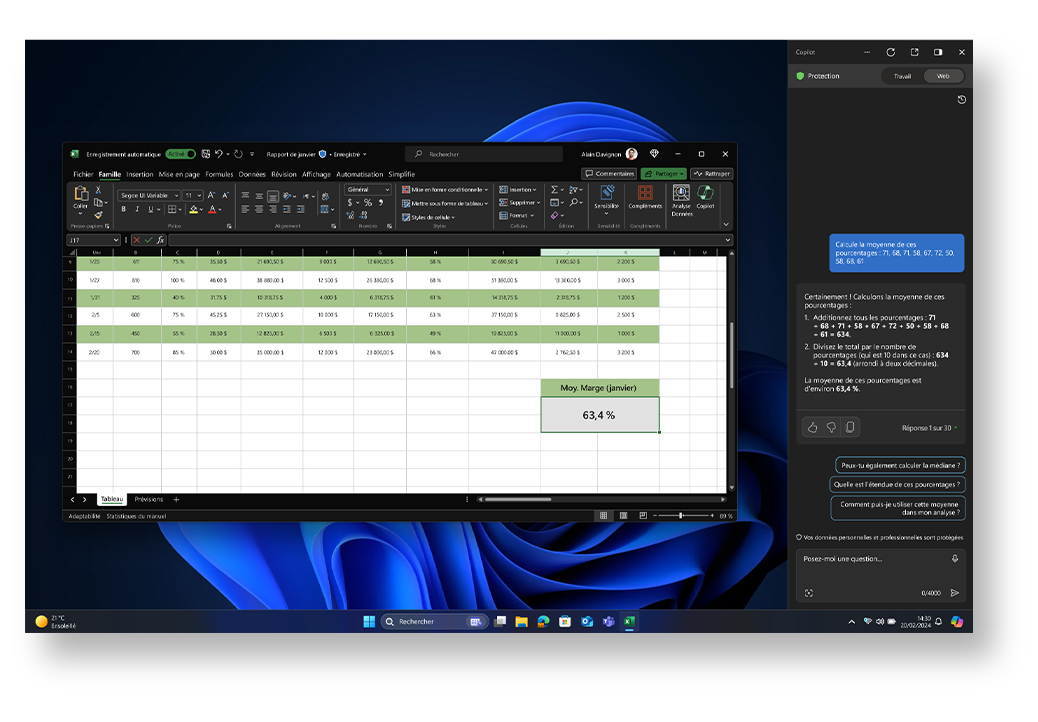 Écran d’accueil Windows avec un fichier Excel ouvert et l’onglet Copilot